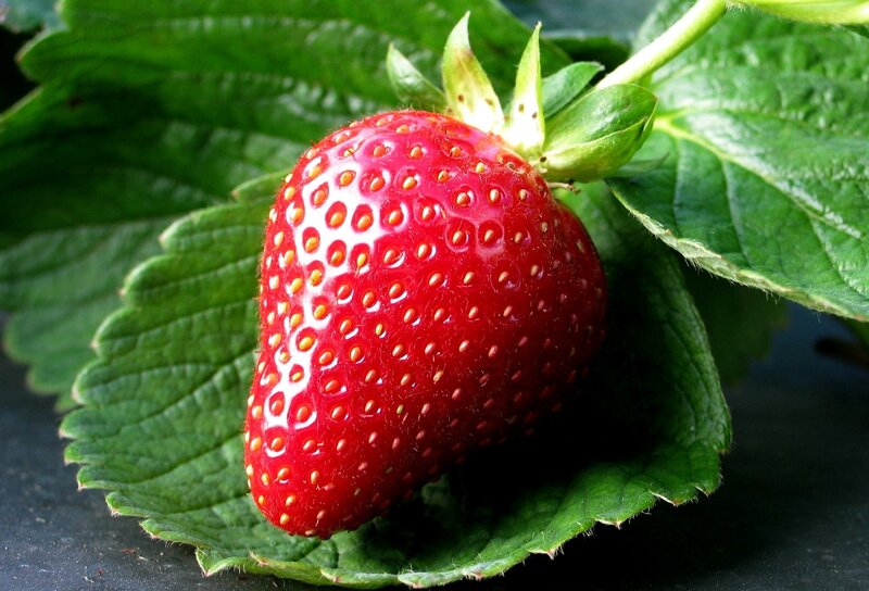 ripe strawberry on green leaf
