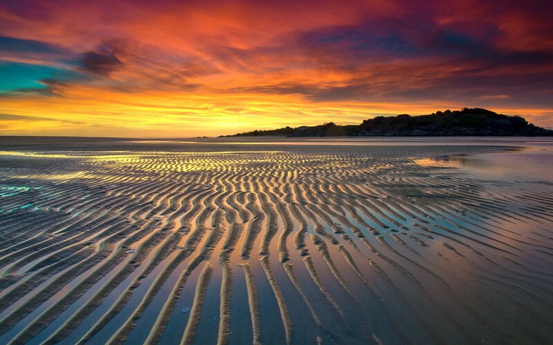 Rippled Sand at Sunset — Orange, Dramatic, Photograph, Sky