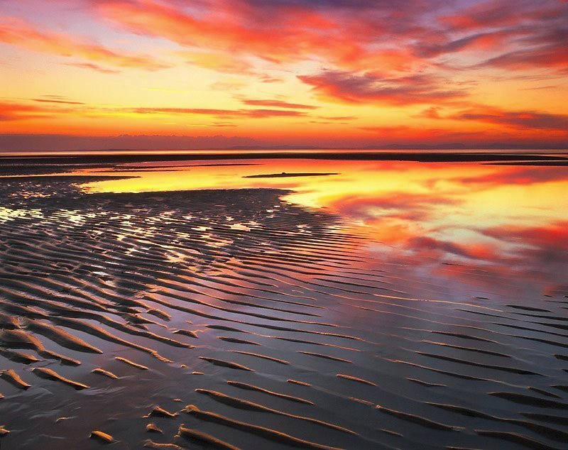 Rippled Sand at Sunset — Orange, Dramatic, Photograph, Sky, Water