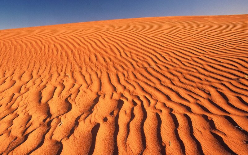 Rippled sand dunes under blue sky