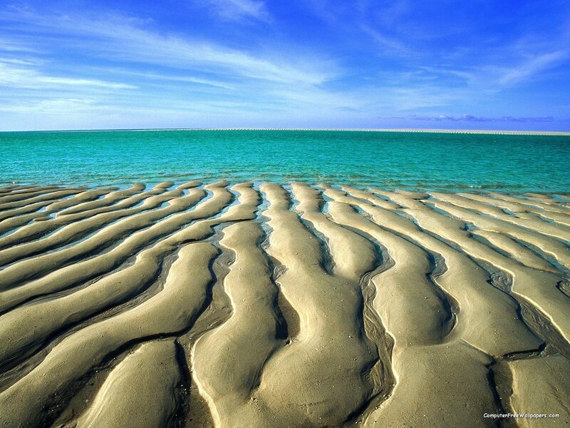 Rippled Sand on Beach — Blue, Serene, Afternoon, Photograph, Ocean, Sky, Green