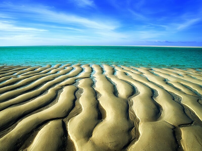 Rippled Sand on Beach — Blue, Serene, Afternoon, Photograph, Ocean, Sky, Waves