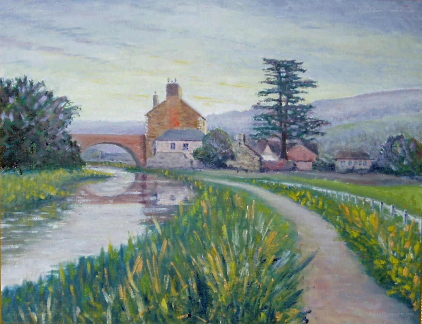 River and bridge landscape painting