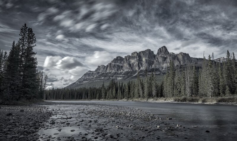 River and Mountain Landscape — Black