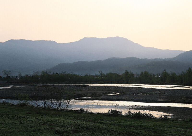 River and Mountains — Green, Serene