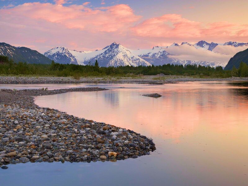 River and Snow-capped Mountains — Pink, Serene, Sunset