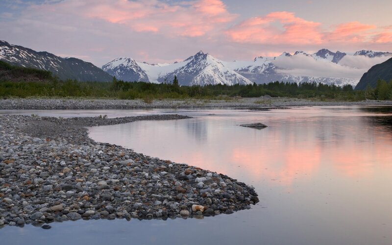 River and Snow-capped Mountains — Pink, Serene
