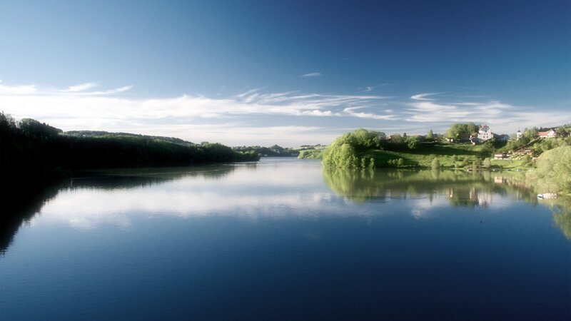 River and Village Landscape — Blue, Serene