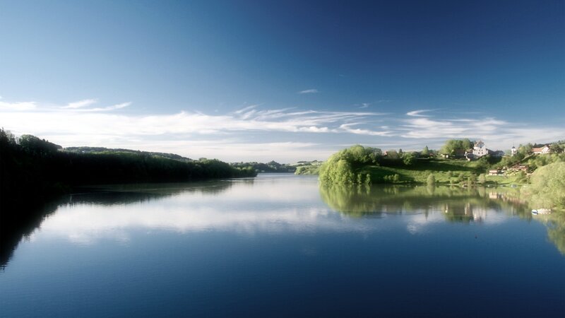 River and Village Landscape — Blue