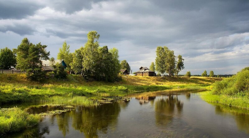 River and Wooden Houses — Green, Dramatic