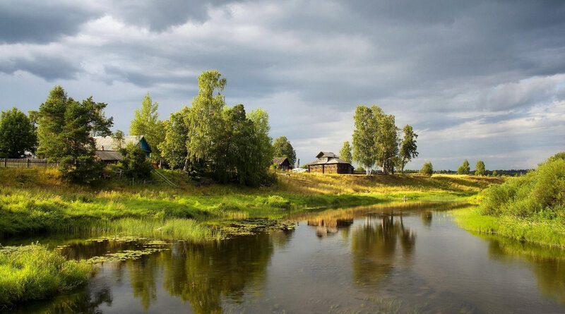 River and Wooden Houses