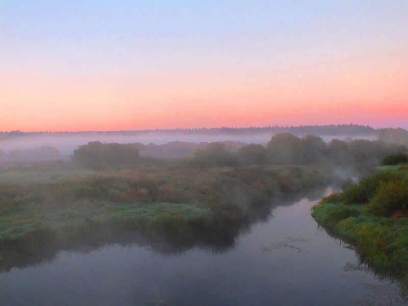 River at Dawn — Pink, Serene