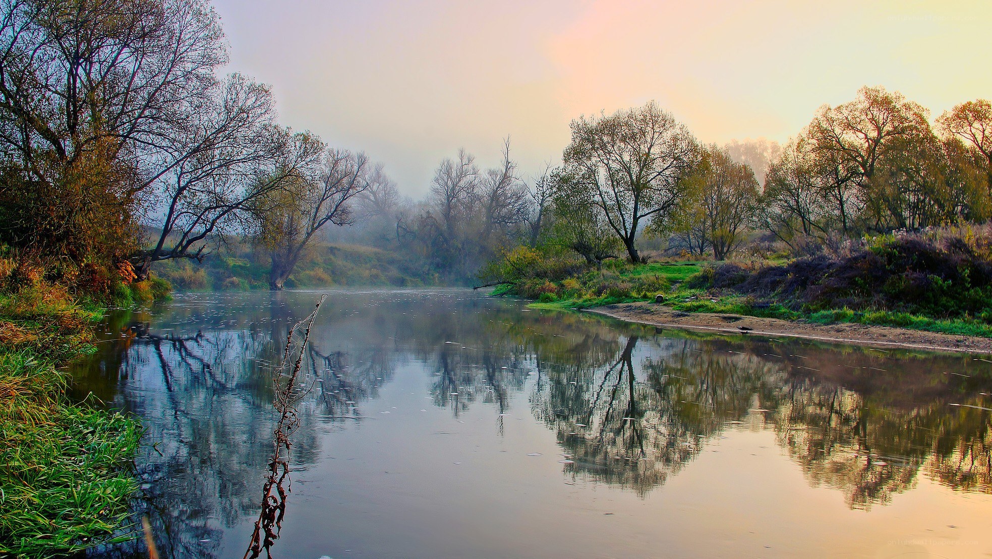 River at dawn with misty reflections