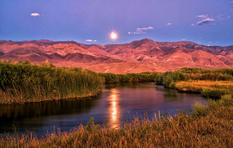 River at Dusk — Blue, Serene, Night, Photograph, Mountains