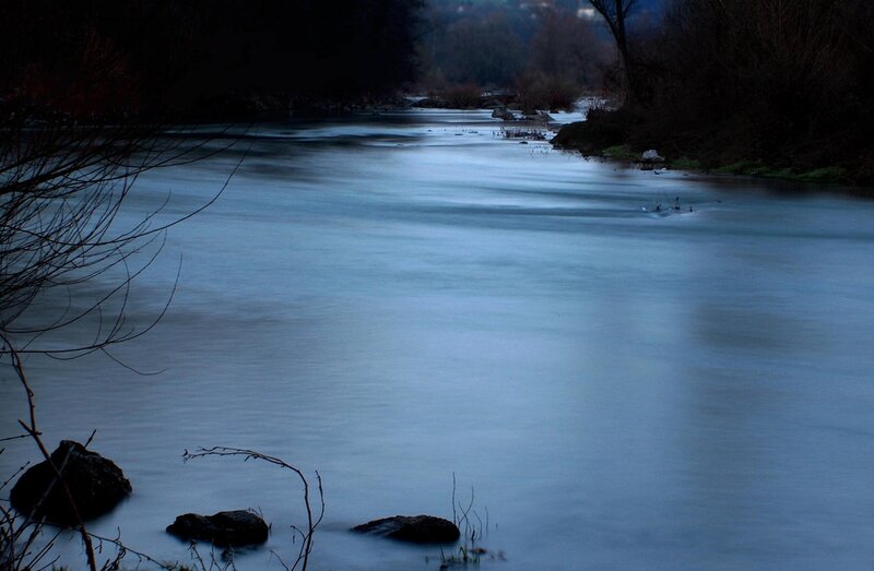 River at Dusk — Blue, Serene, Night, Photograph, Rocks