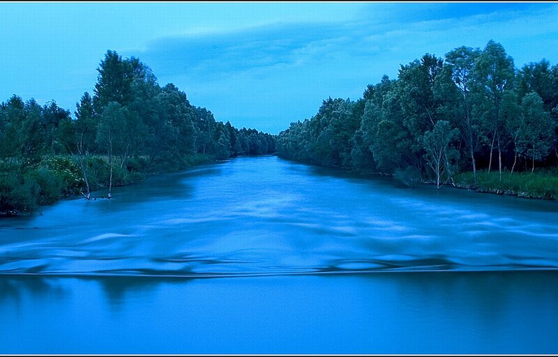 River at Dusk — Blue, Serene, Night, Photograph