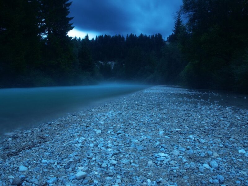 River at Dusk — Blue, Serene, Night, Photograph, Trees