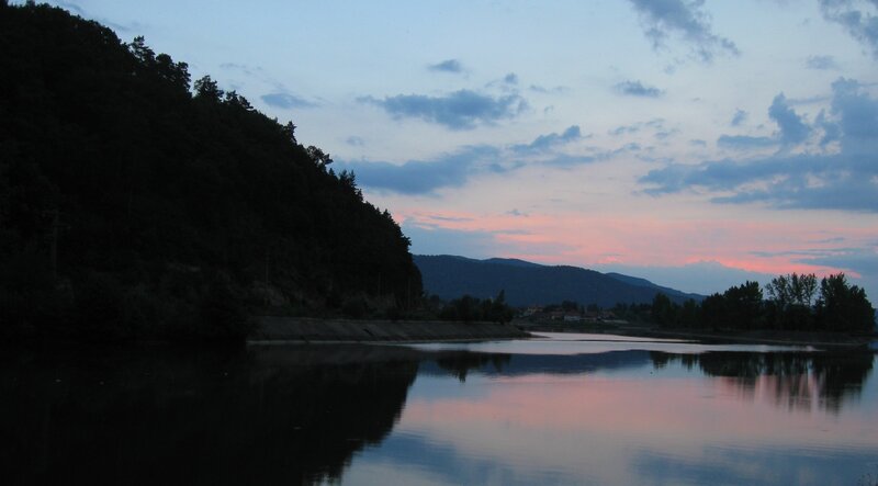 River at Dusk — Blue, Serene, Sunset, Photograph, Mountain