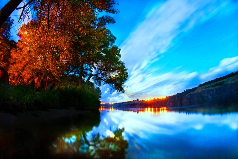 River at Dusk — Blue, Serene, Sunset, Photograph, Trees