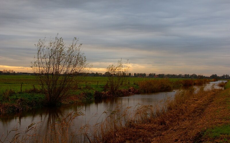River at dusk in a rural landscape