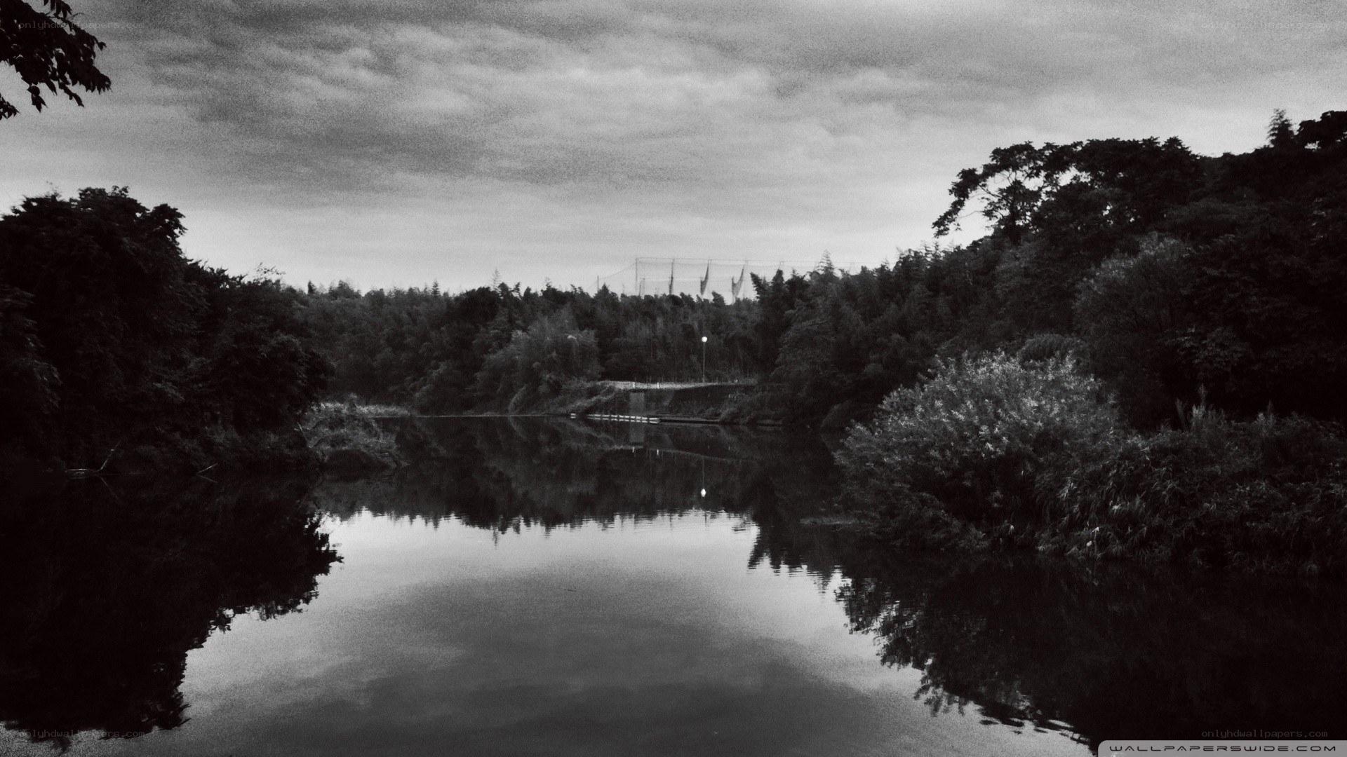 River at dusk in black and white