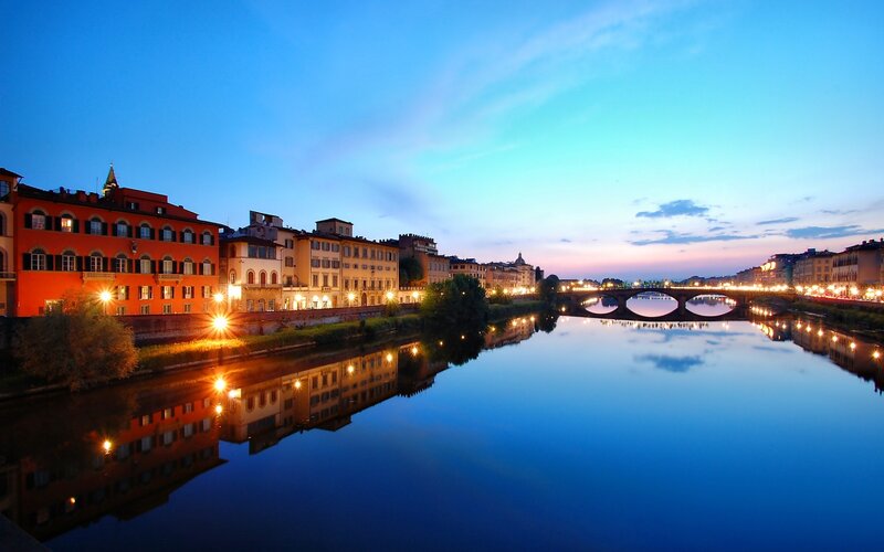 River at Dusk with Bridge — Blue