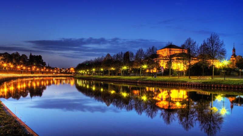 River at Dusk with Buildings