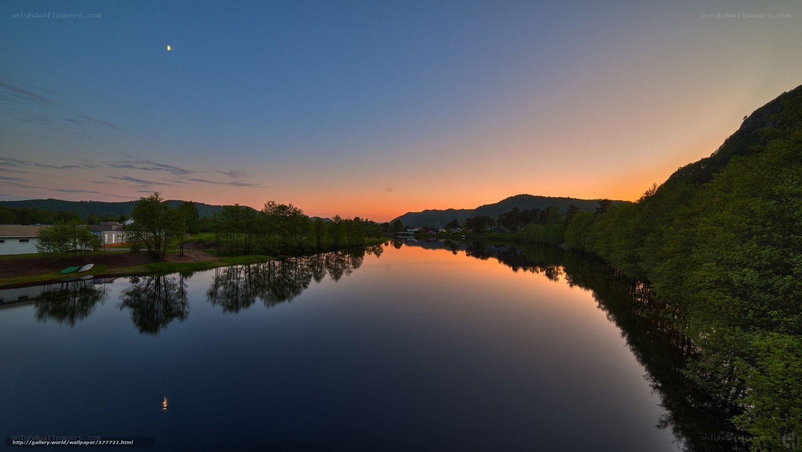 River at dusk with moon