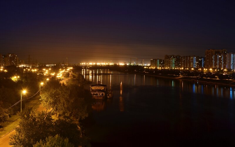 River at Night — Blue, Calm, Photograph, Buildings