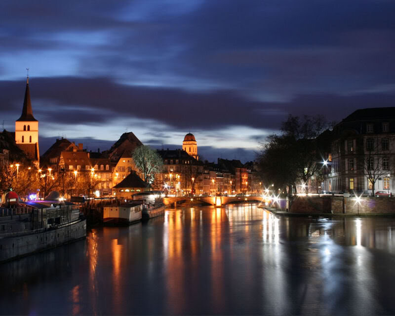 River at Night in City — Blue