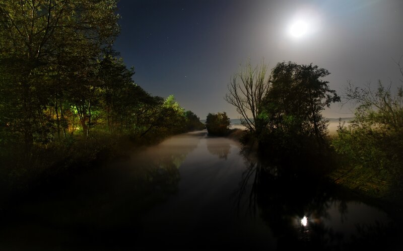 River at Night with Fog — Black, Serene