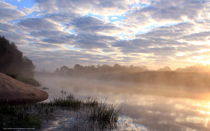 River at Sunrise — Blue, Serene, Photograph, Mist