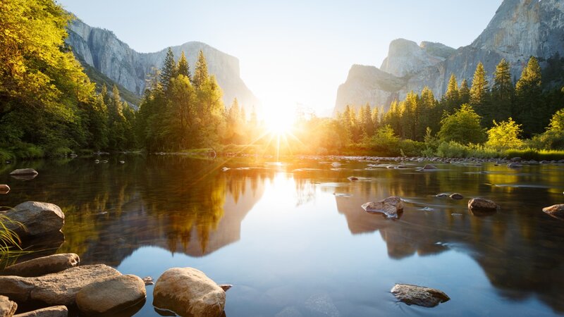 River at Sunrise — Blue, Serene, Photograph, Mountains