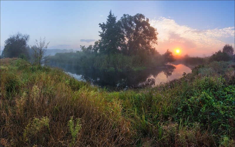 River at Sunrise — Blue, Serene, Photograph, Sun
