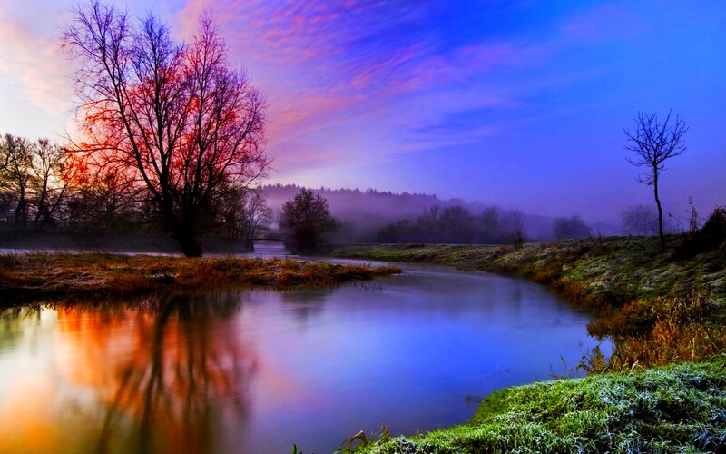 River at Sunrise — Blue, Serene, Photograph