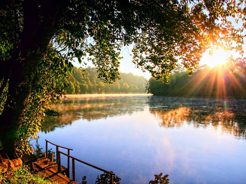 River at Sunrise — Blue, Serene, Photograph, Trees