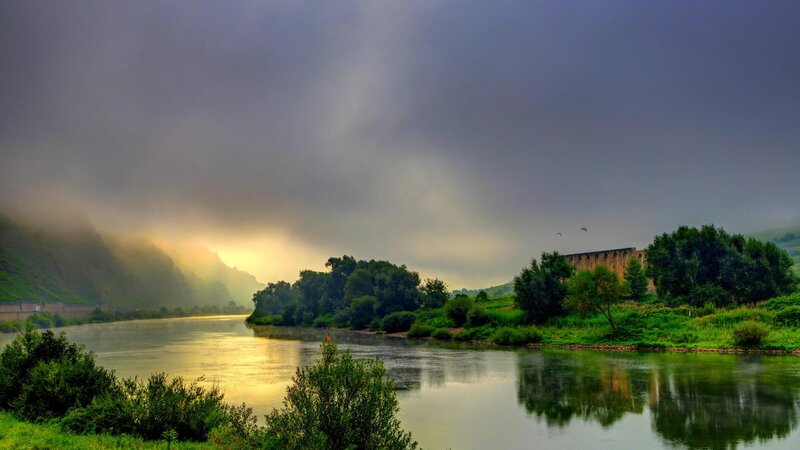 River at Sunrise — Green, Dramatic, Photograph