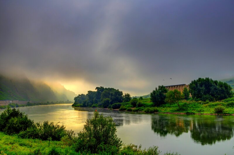 River at Sunrise — Green, Dramatic