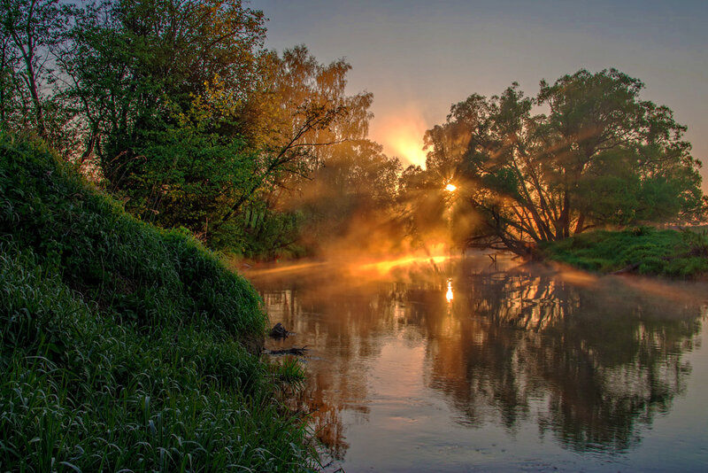 River at Sunrise — Green, Serene