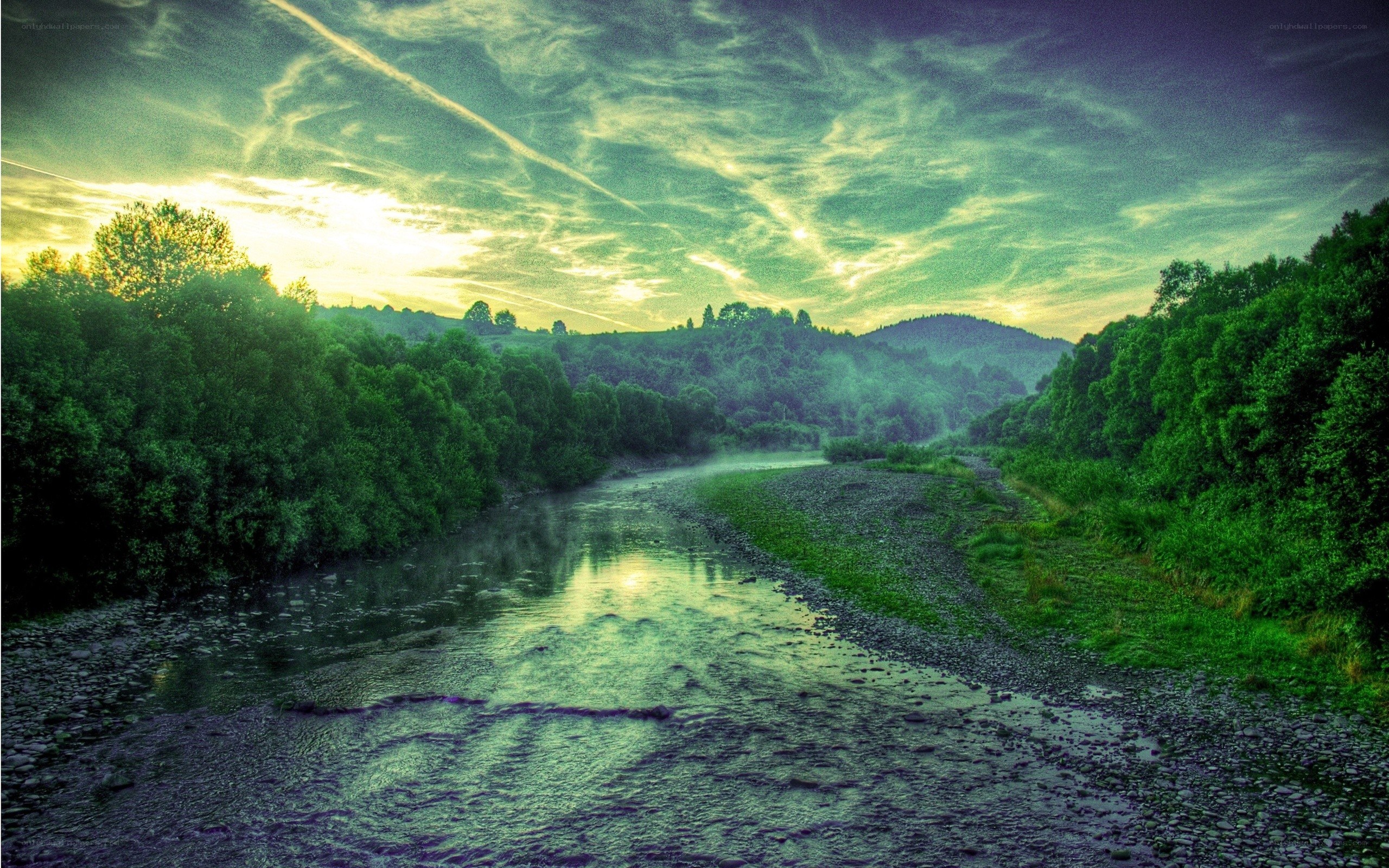 River at sunrise in forest