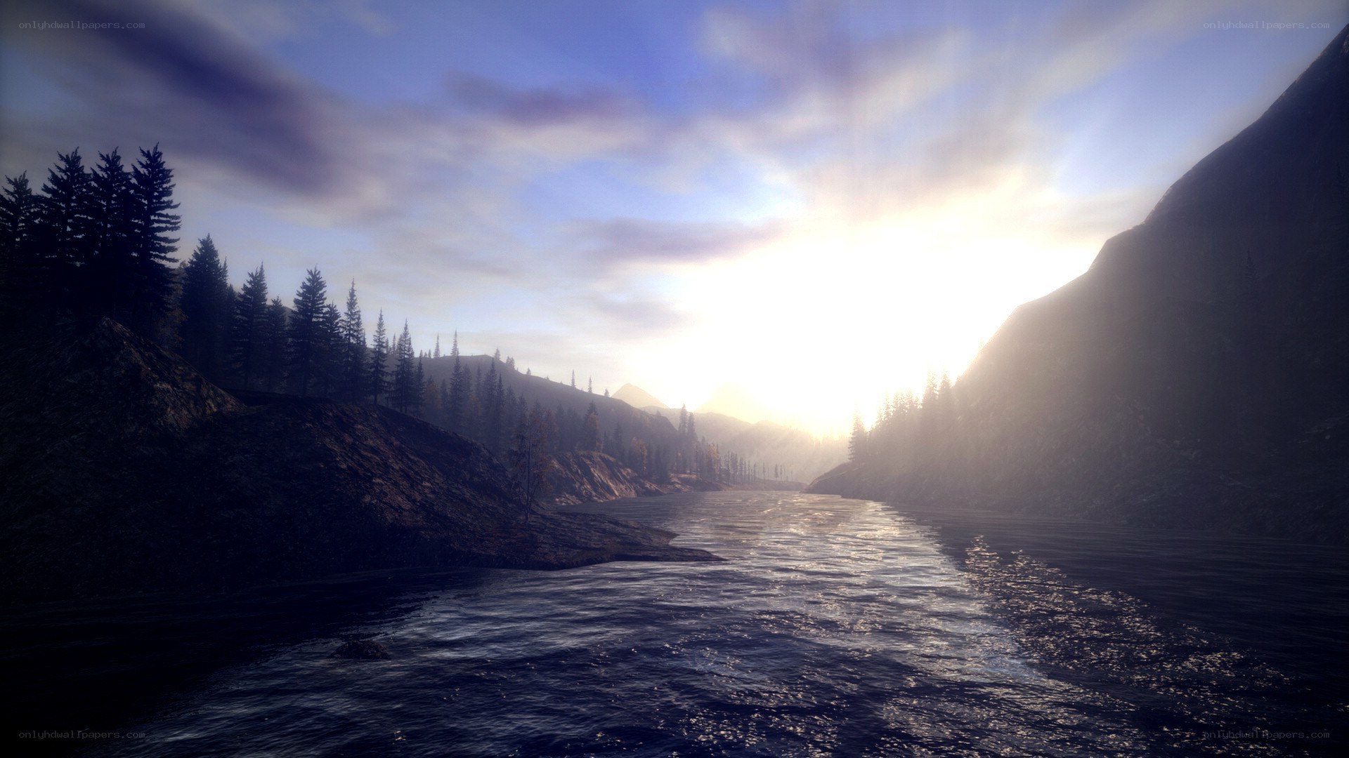 river at sunrise in mountains
