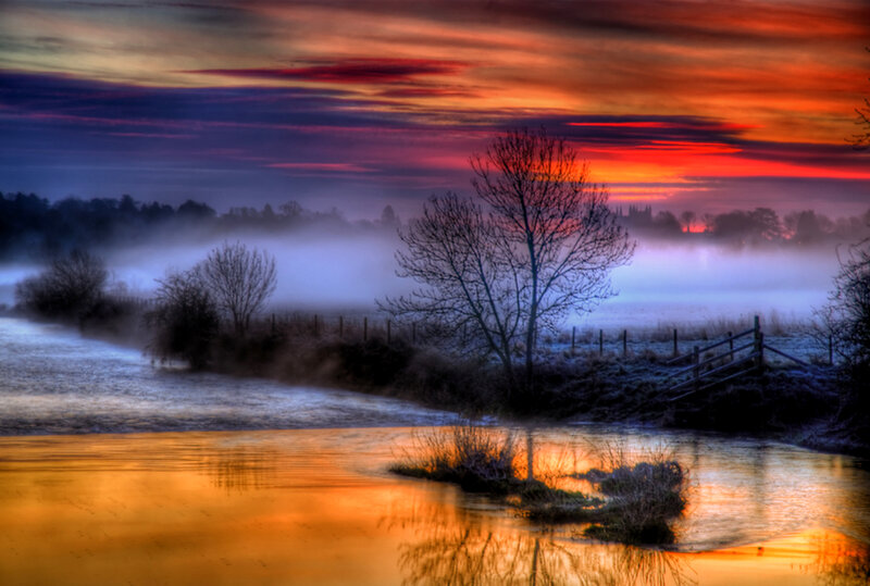 River at Sunrise — Orange, Dramatic, Photograph