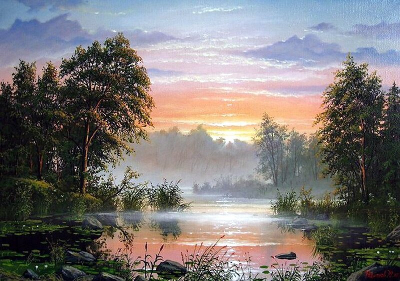 River at Sunrise — Orange, Serene, Painting