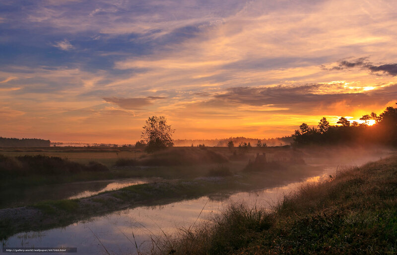 River at Sunrise — Orange, Serene, Photograph, Sky
