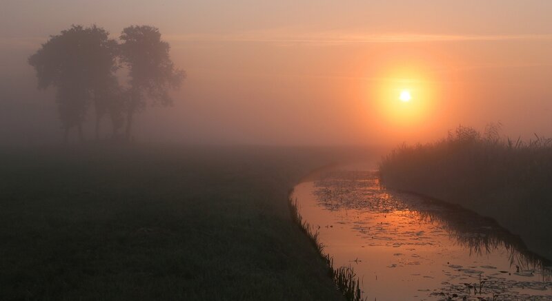 River at Sunrise — Orange, Serene, Photograph, Sun, Fog