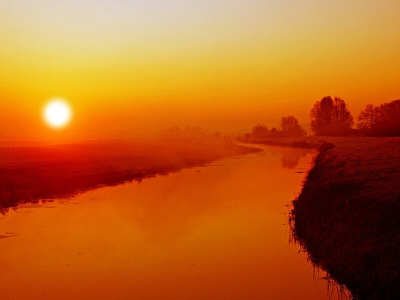 River at Sunrise — Orange, Serene, Photograph, Sun