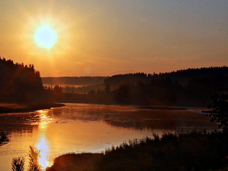 River at Sunrise — Orange, Serene, Photograph, Sun, Trees