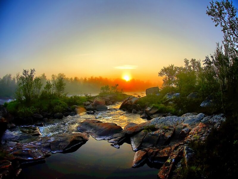 River at Sunrise — Orange, Serene, Photograph