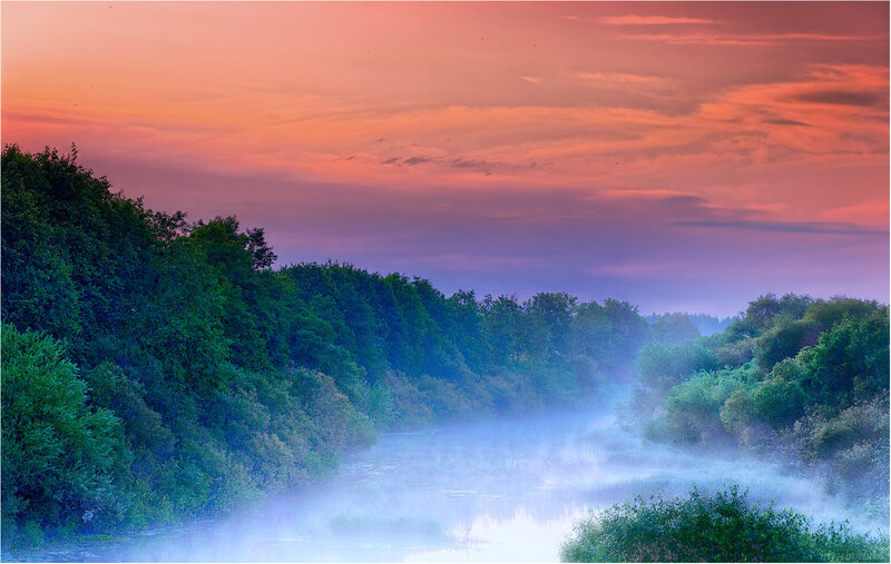 River at Sunrise — Orange, Serene, Photograph, Trees, Fog, Sky