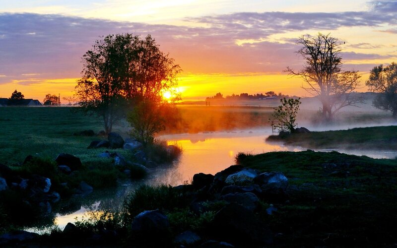 River at Sunrise — Orange, Serene, Photograph, Trees, Fog, Sun, Rocks